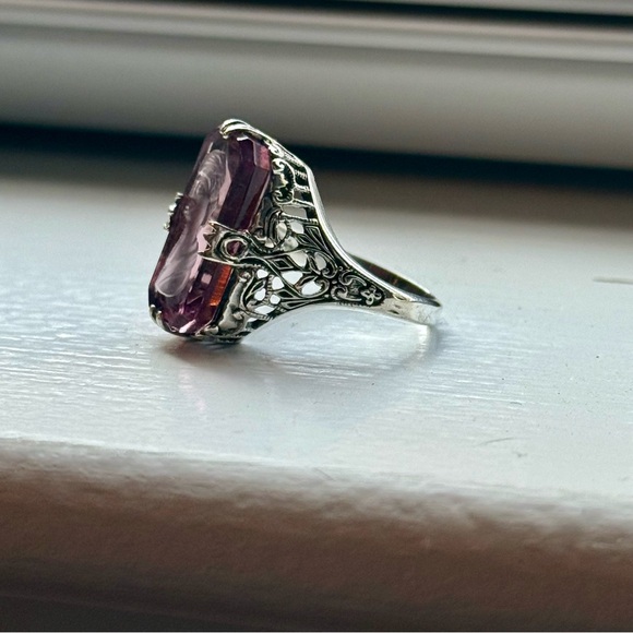 Sterling Silver Pink Cameo Ring Sz 6.5 Vintage Style Filigree Lady Profile 925 - Picture 5 of 8